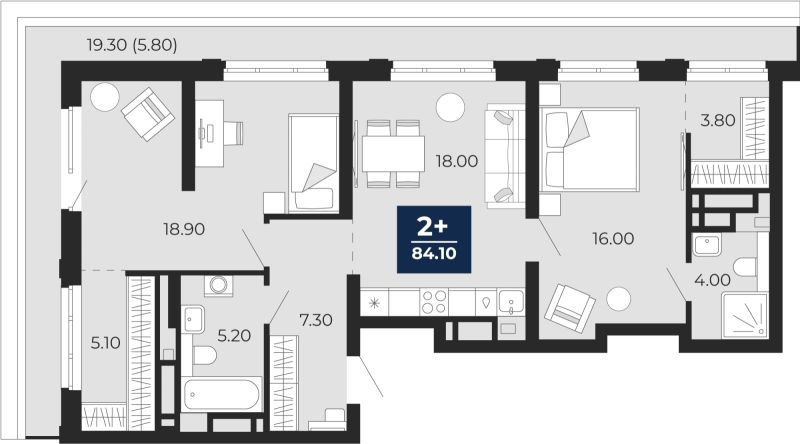 Планировка 2-комн. квартира, 78.3 м² — ЖК «Айвазовский»