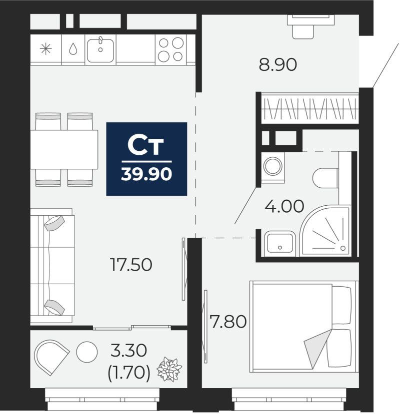 Планировка 1-комн. квартира, 38.2 м² — ЖК «Айвазовский»