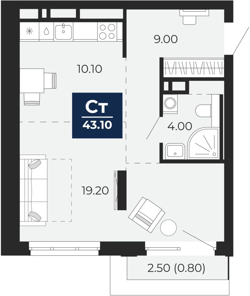 Планировка 1-комн. квартира, 42.3 м² — ЖК «Айвазовский»