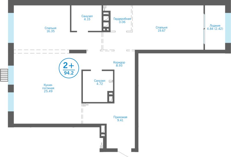 Планировка 2-комн. квартира, 91.8 м² — ЖК «Айвазовский»