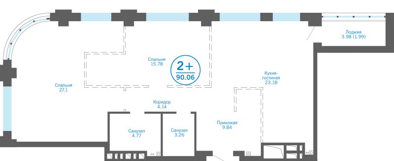 Планировка 2-комн. квартира, 88.1 м² — ЖК «Айвазовский»