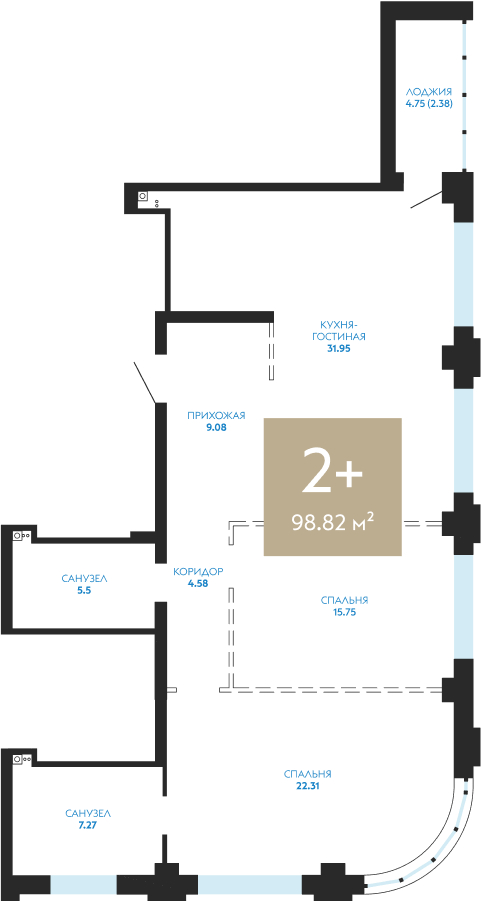 Планировка 2-комн. квартира, 96.4 м² — ЖК «Айвазовский»