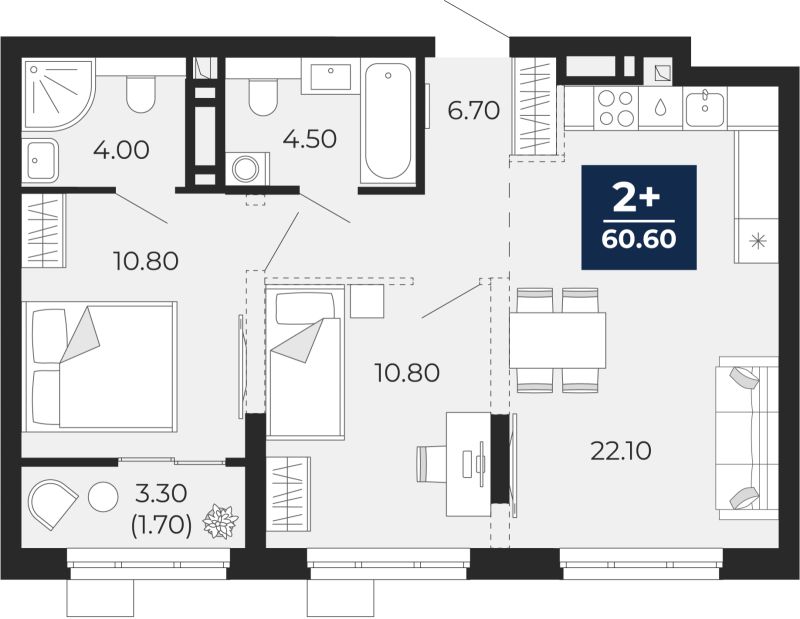 Планировка 2-комн. квартира, 58.9 м² — ЖК «Айвазовский»