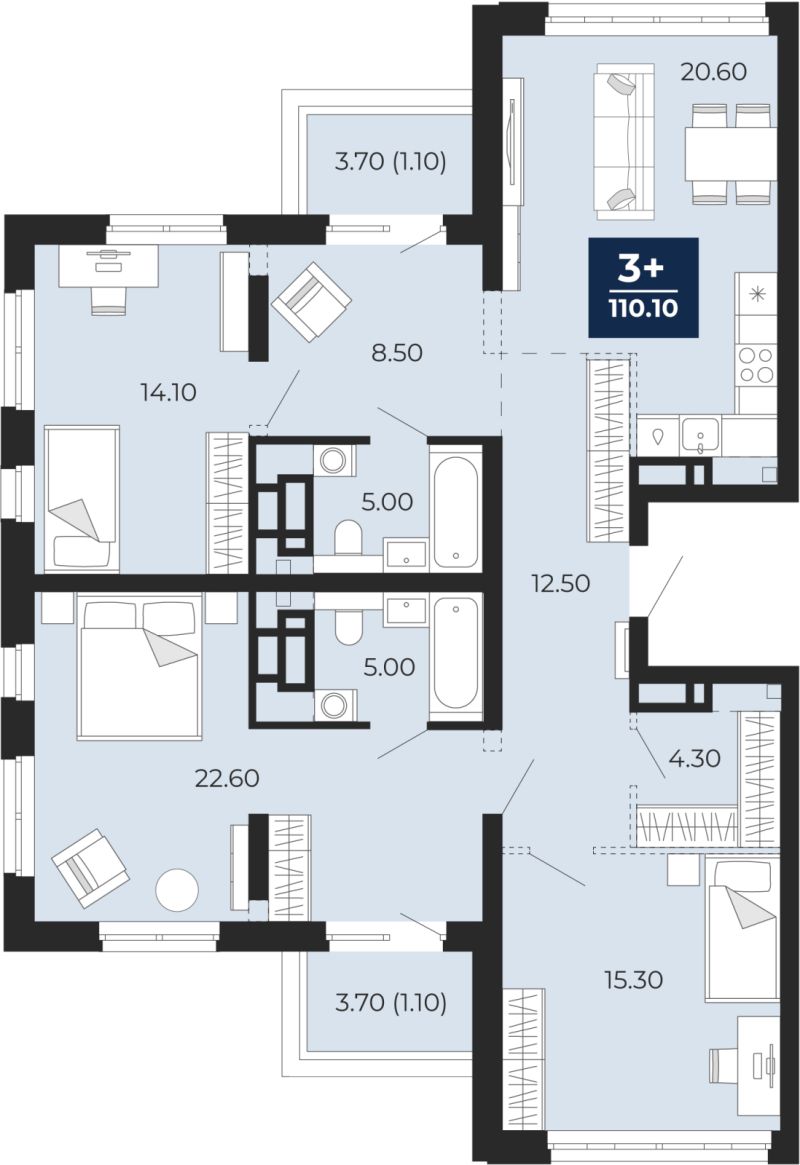Планировка 3-комн. квартира, 107.9 м² — ЖК «Айвазовский»