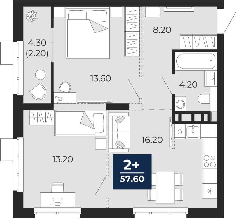 Планировка 2-комн. квартира, 55.4 м² — ЖК «Айвазовский»