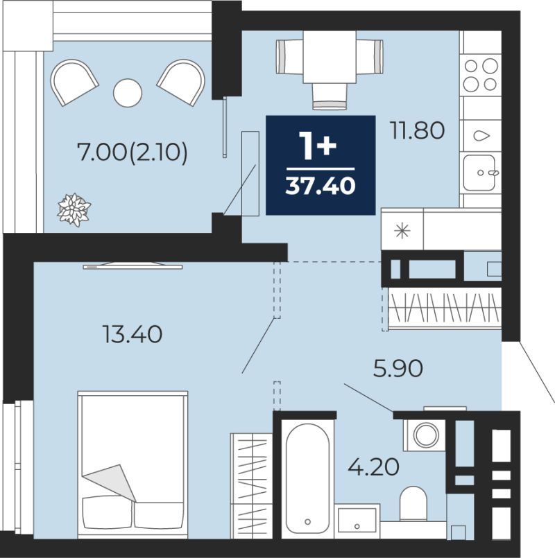 Планировка 1-комн. квартира, 35.3 м² — ЖК «Айвазовский»