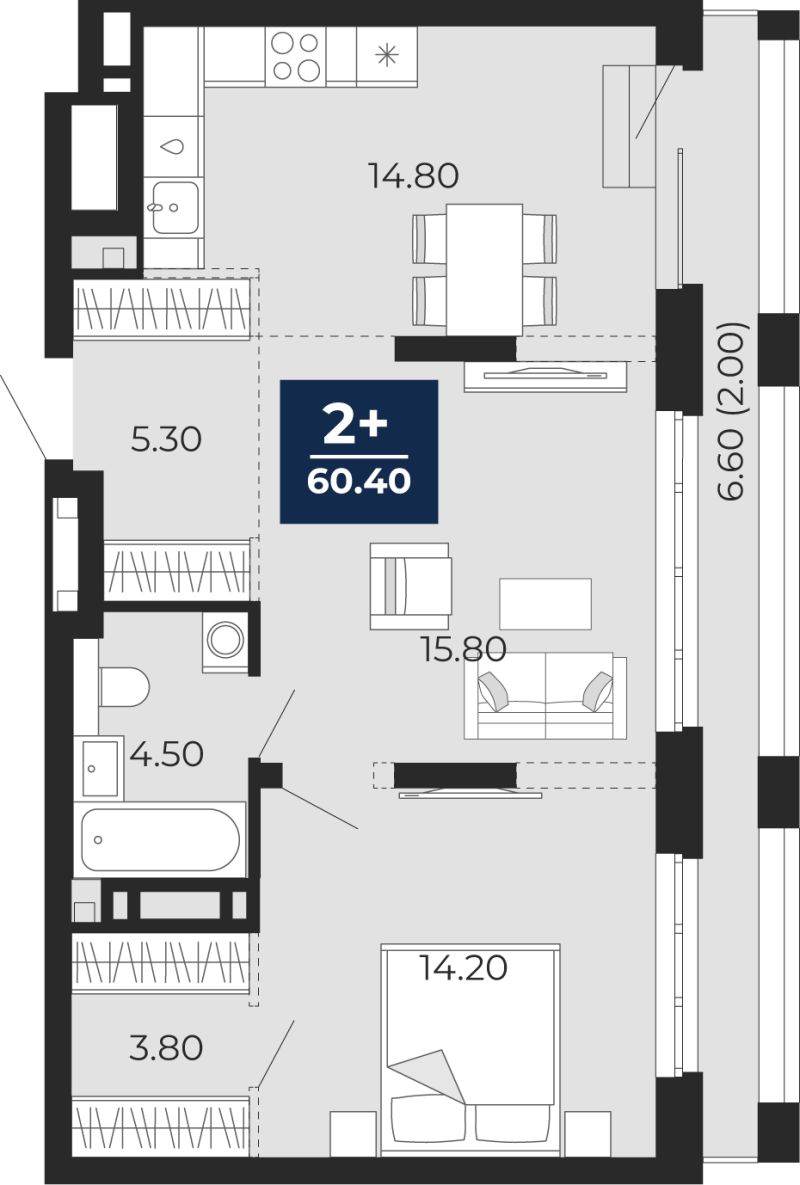 Планировка 2-комн. квартира, 58.4 м² — ЖК «Айвазовский»