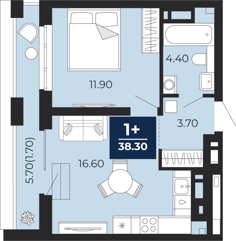 Планировка 1-комн. квартира, 36.6 м² — ЖК «Айвазовский»