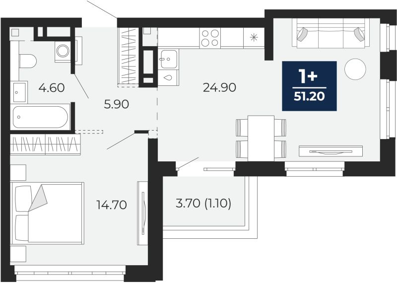 Планировка 1-комн. квартира, 50.1 м² — ЖК «Айвазовский»