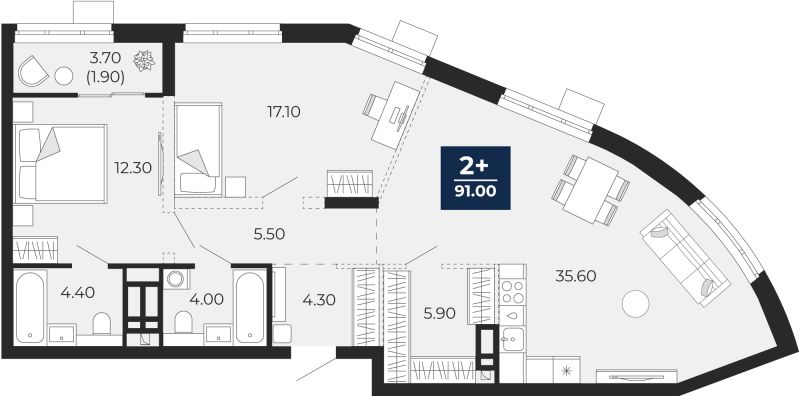 Планировка 2-комн. квартира, 91 м² — ЖК «Айвазовский»