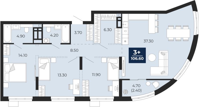 Планировка 3-комн. квартира, 106.5 м² — ЖК «Айвазовский»