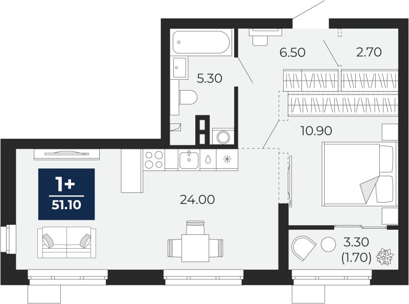Планировка 1-комн. квартира, 51 м² — ЖК «Айвазовский»