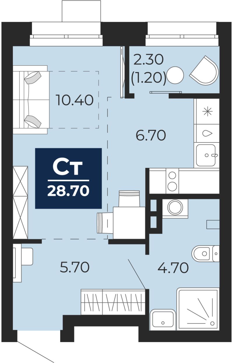 Планировка 1-комн. квартира, 28.6 м² — ЖК «Айвазовский»