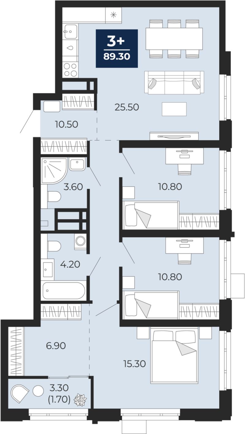 Планировка 3-комн. квартира, 89.2 м² — ЖК «Айвазовский»