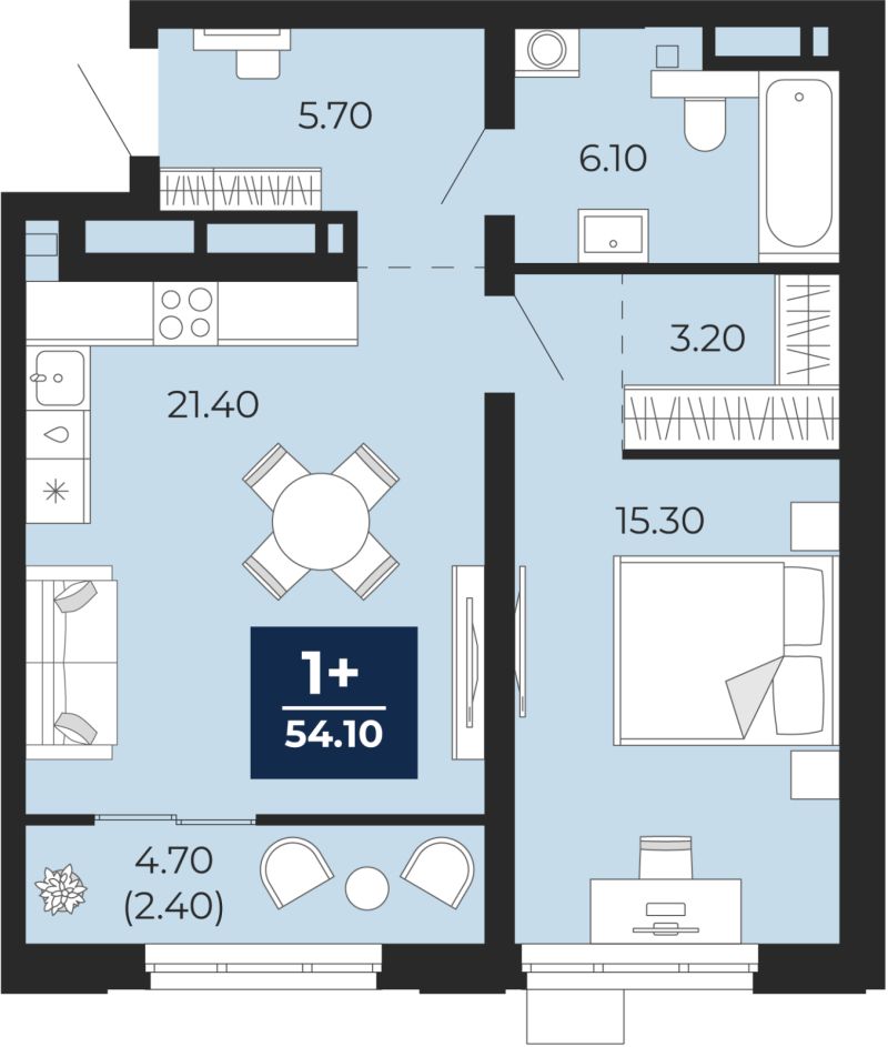 Планировка 1-комн. квартира, 54 м² — ЖК «Айвазовский»