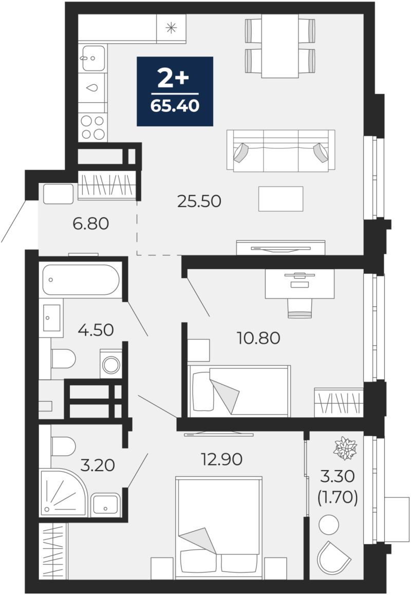 Планировка 2-комн. квартира, 65.3 м² — ЖК «Айвазовский»
