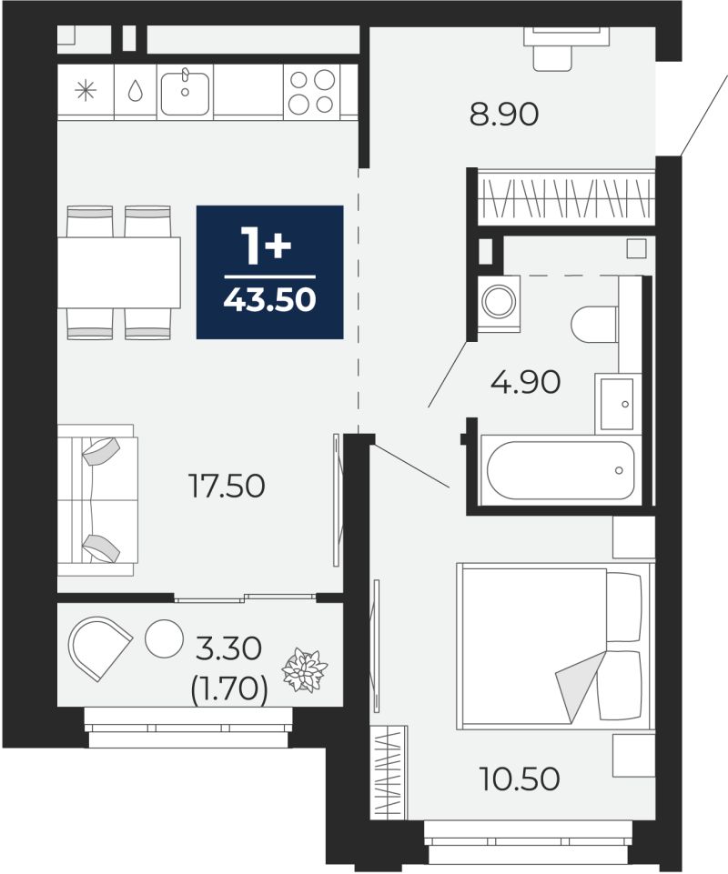 Планировка 1-комн. квартира, 43.5 м² — ЖК «Айвазовский»