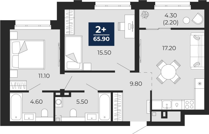 Планировка 2-комн. квартира, 65.8 м² — ЖК «Айвазовский»