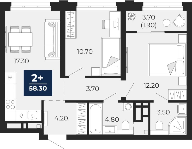 Планировка 2-комн. квартира, 58.2 м² — ЖК «Айвазовский»