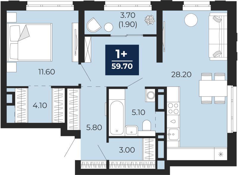 Планировка 1-комн. квартира, 59.6 м² — ЖК «Айвазовский»