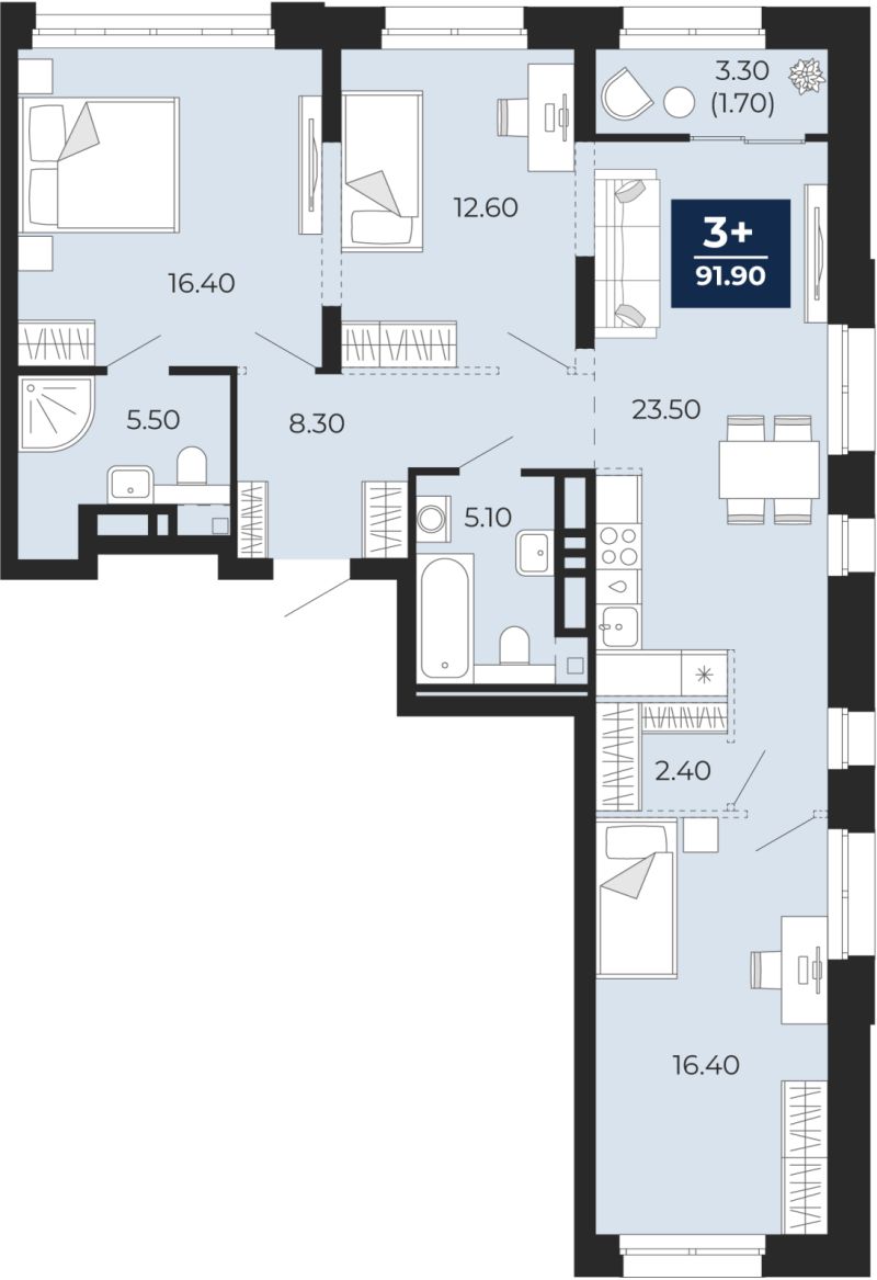 Планировка 3-комн. квартира, 91.8 м² — ЖК «Айвазовский»
