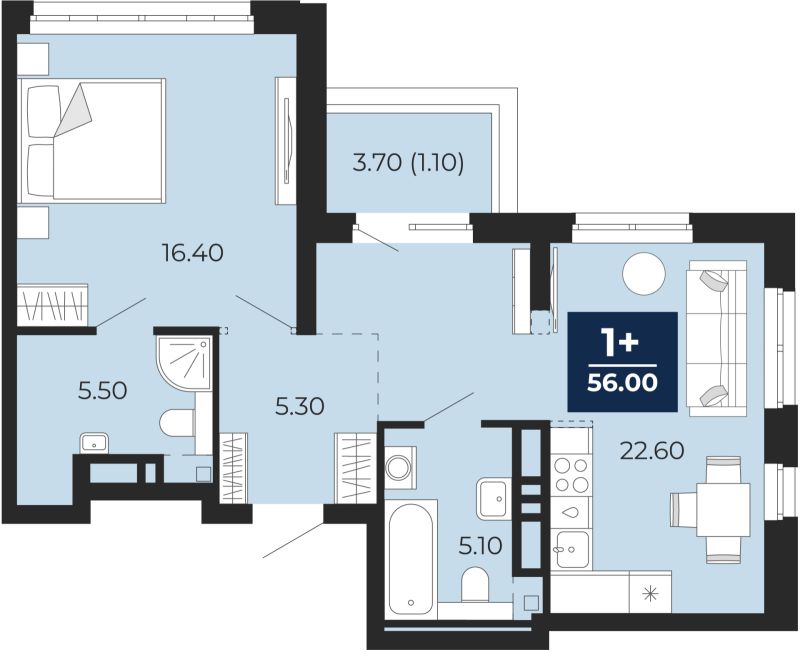 Планировка 1-комн. квартира, 57.5 м² — ЖК «Айвазовский»