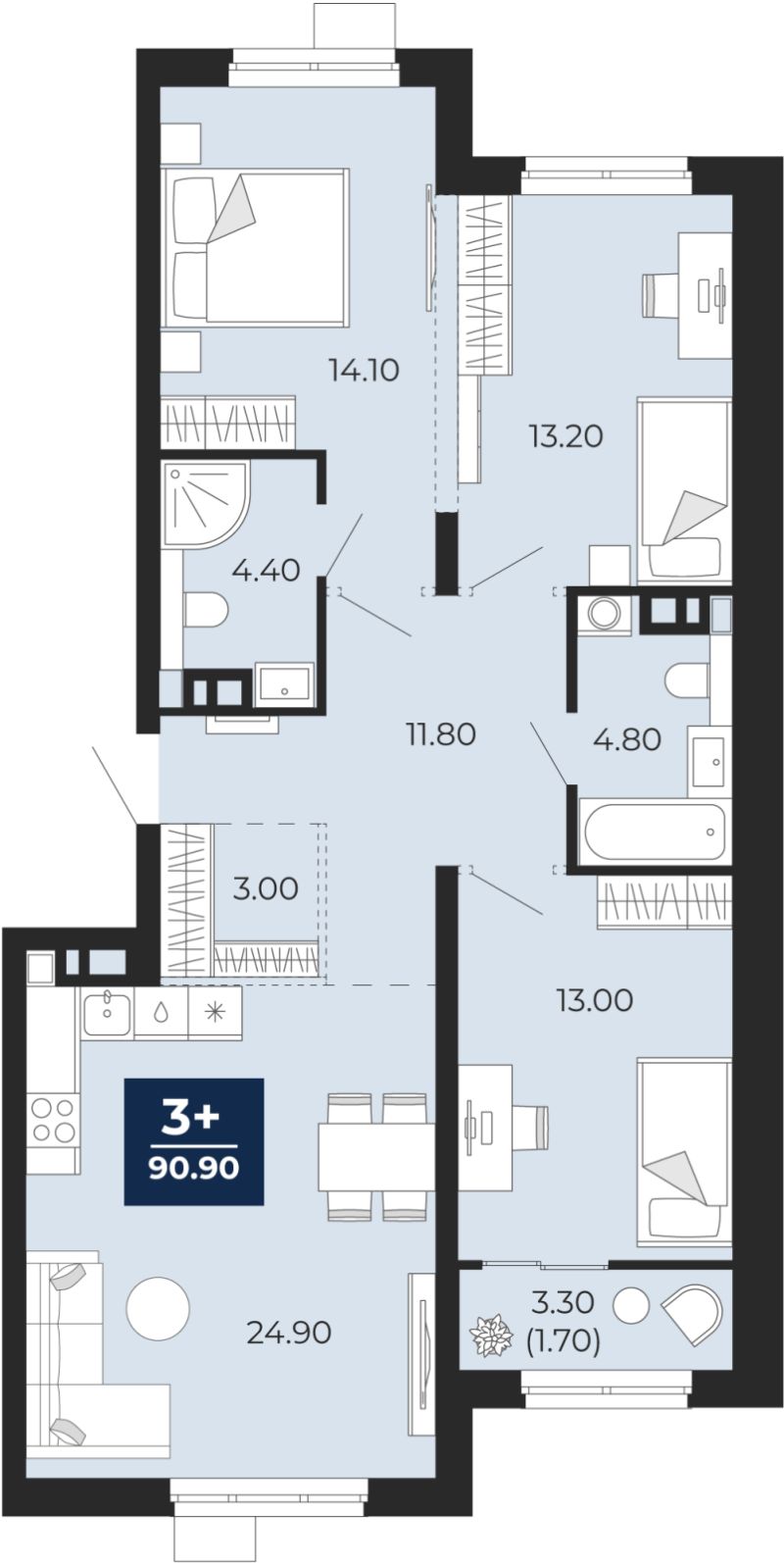 Планировка 3-комн. квартира, 90.8 м² — ЖК «Айвазовский»
