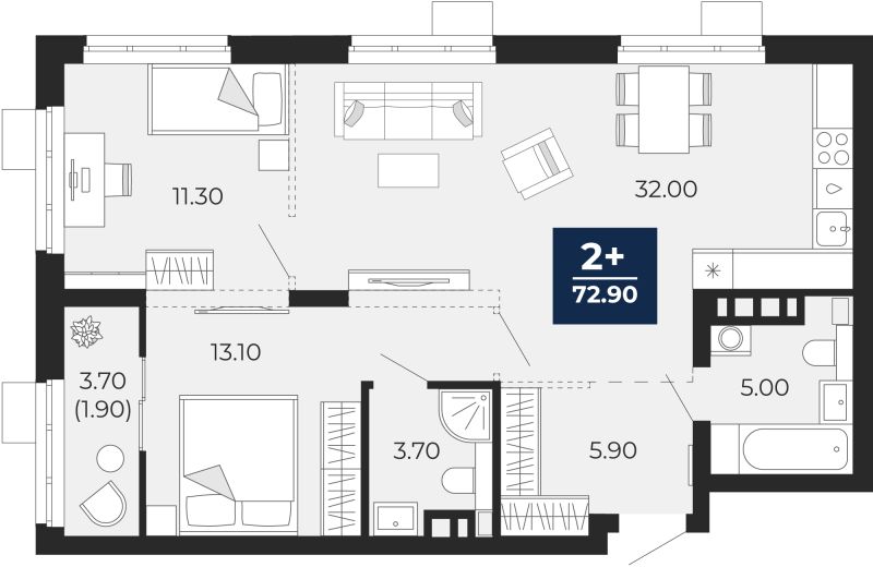 Планировка 2-комн. квартира, 72.8 м² — ЖК «Айвазовский»