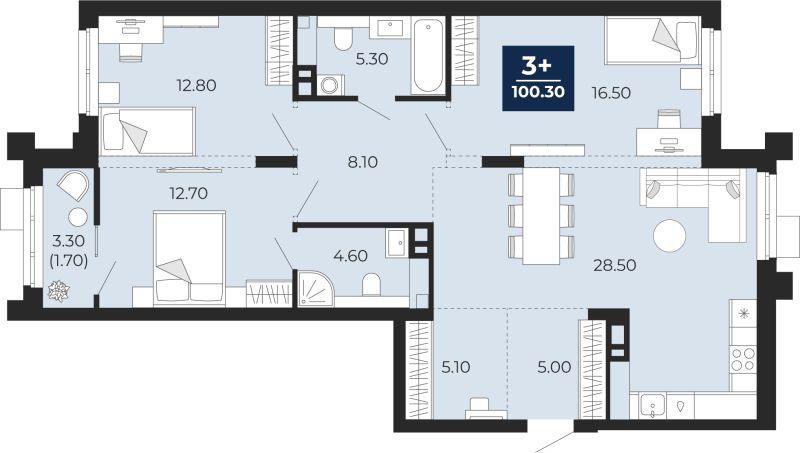 Планировка 3-комн. квартира, 100.2 м² — ЖК «Айвазовский»