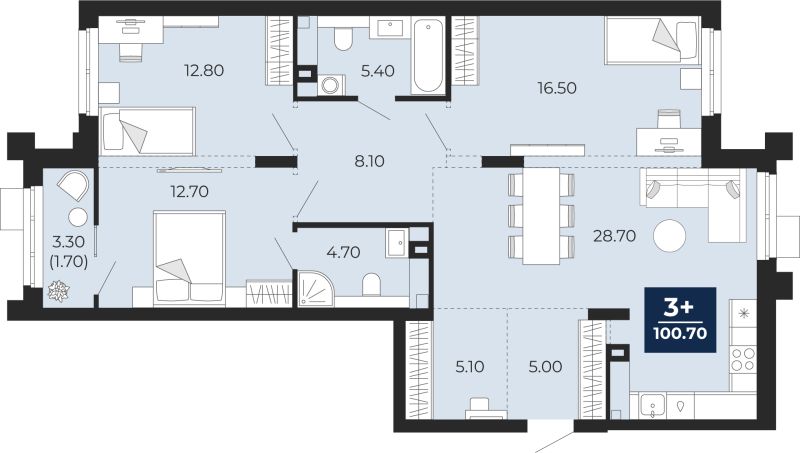Планировка 3-комн. квартира, 100.7 м² — ЖК «Айвазовский»