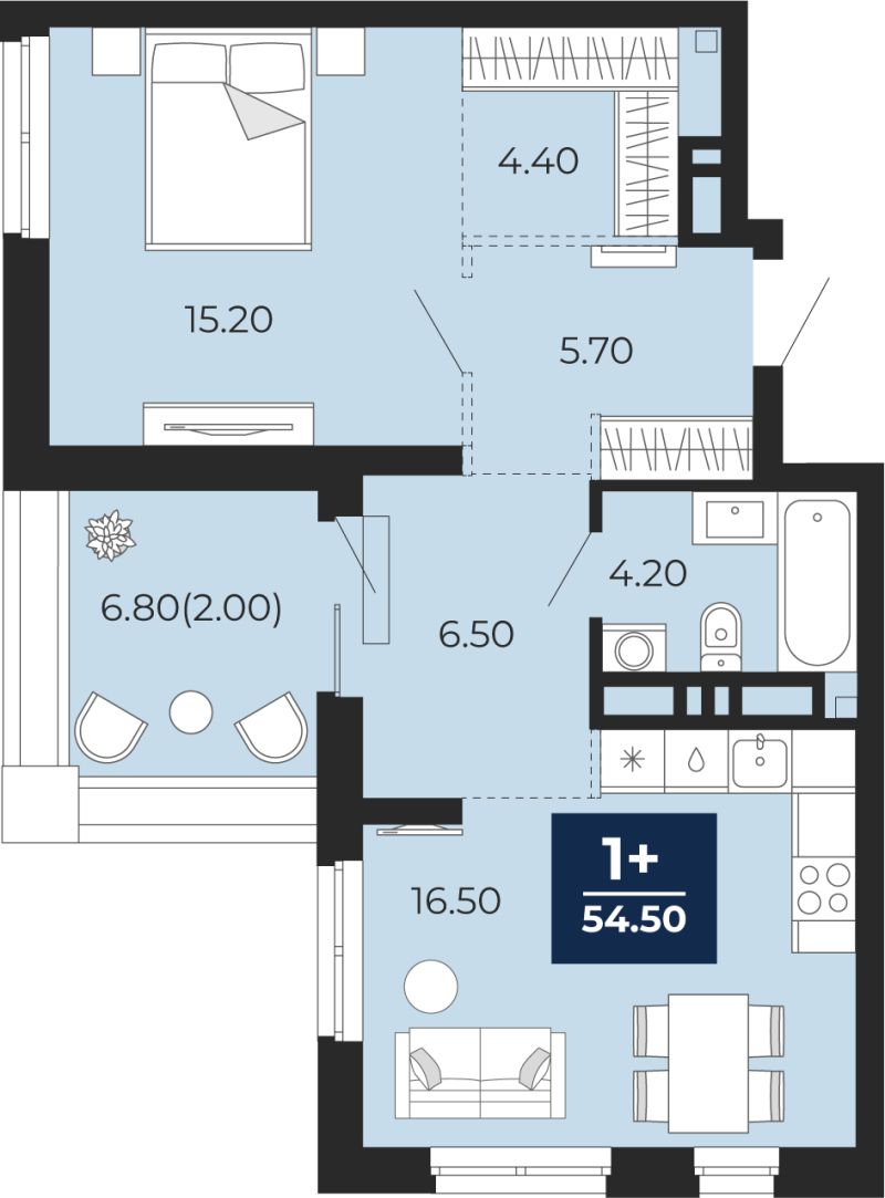 Планировка 1-комн. квартира, 57.3 м² — ЖК «Айвазовский»