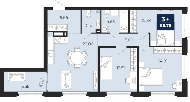 Планировка 3-комн. квартира, 86.8 м² — ЖК «Айвазовский»
