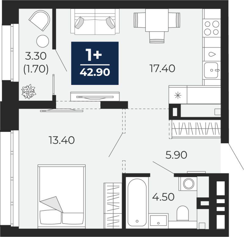 Планировка 1-комн. квартира, 42.9 м² — ЖК «Айвазовский»
