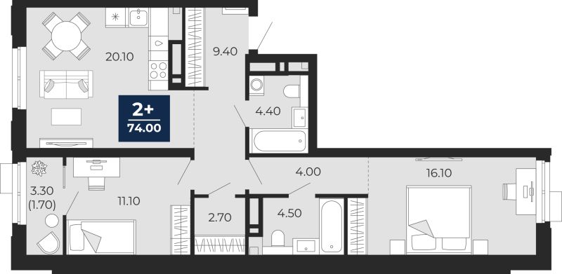 Планировка 2-комн. квартира, 74 м² — ЖК «Айвазовский»