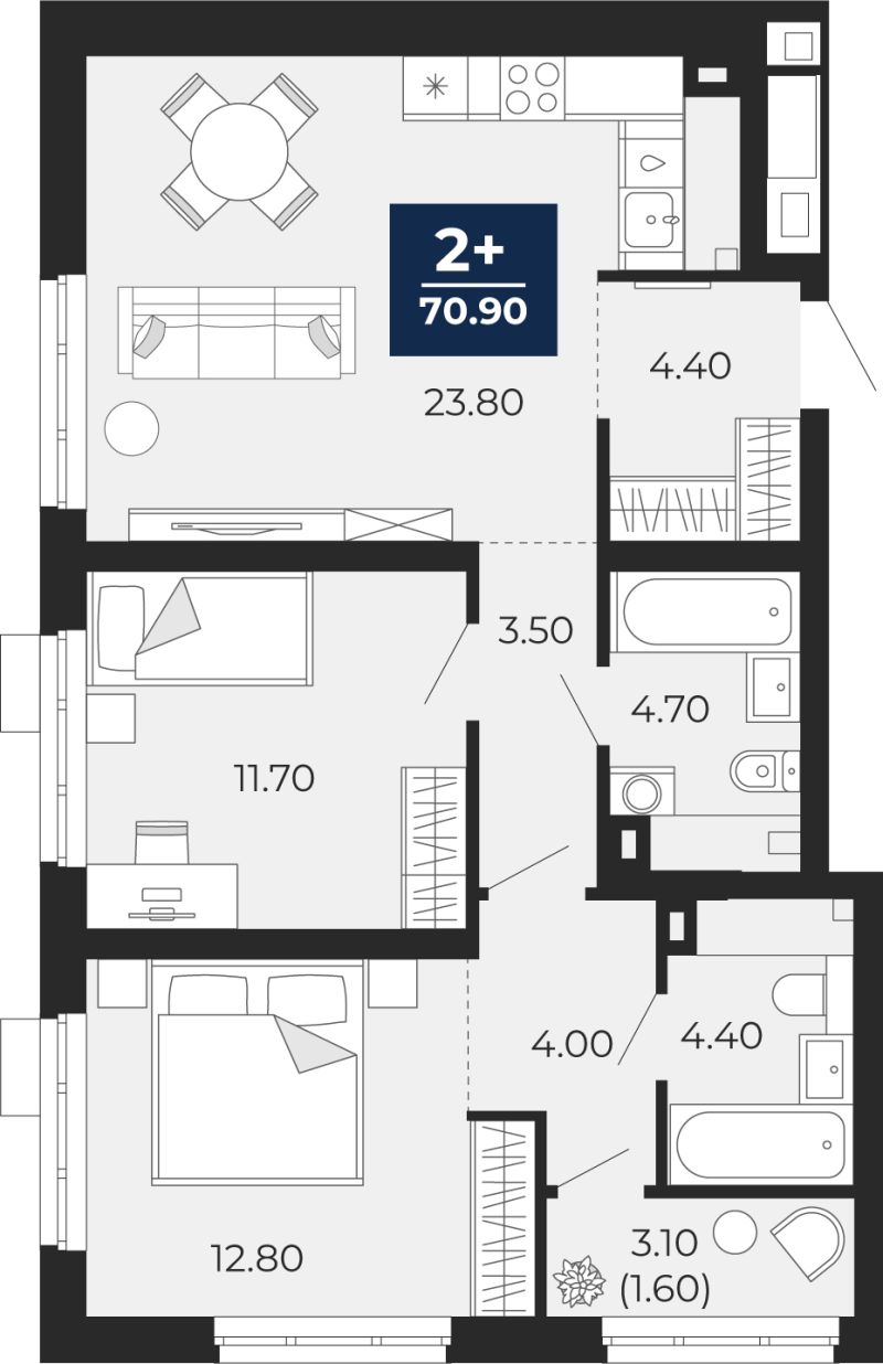 Планировка 2-комн. квартира, 70.8 м² — ЖК «Айвазовский»