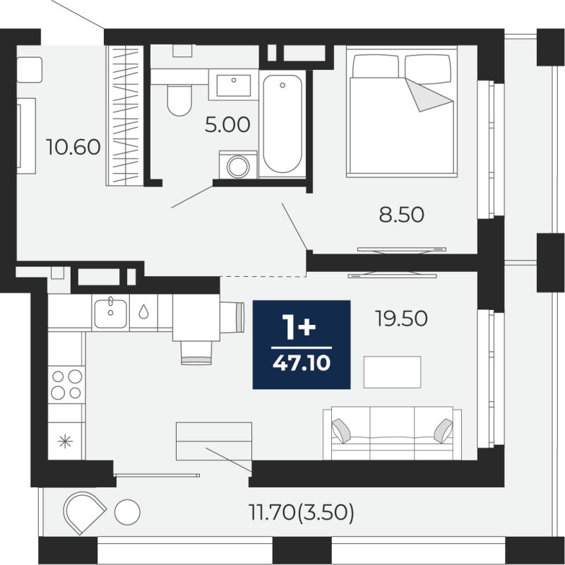 Планировка 1-комн. квартира, 51.8 м² — ЖК «Айвазовский»