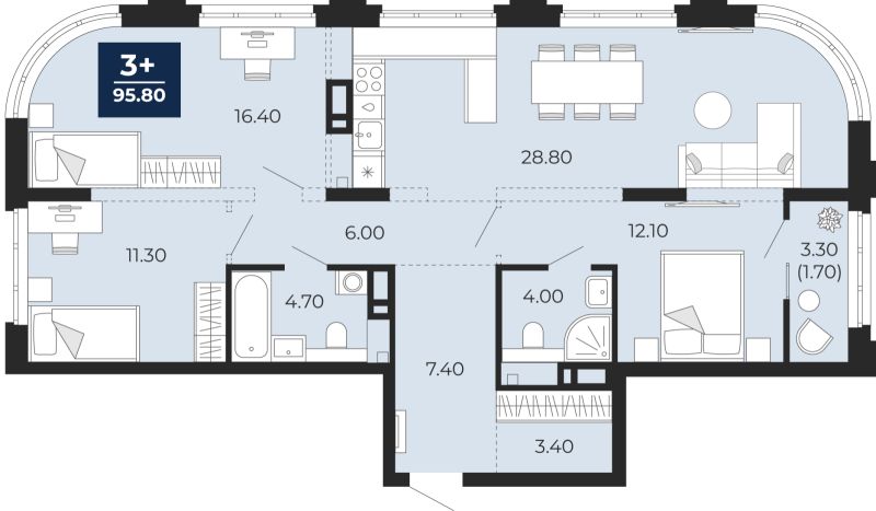 Планировка 3-комн. квартира, 95.8 м² — ЖК «Айвазовский»