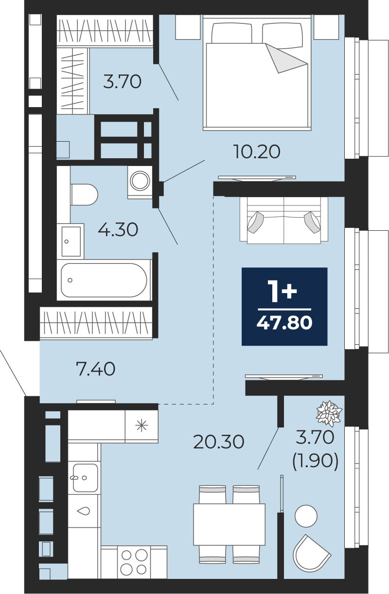 Планировка 1-комн. квартира, 49.6 м² — ЖК «Айвазовский»