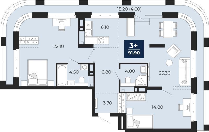 Планировка 3-комн. квартира, 99.3 м² — ЖК «Айвазовский»