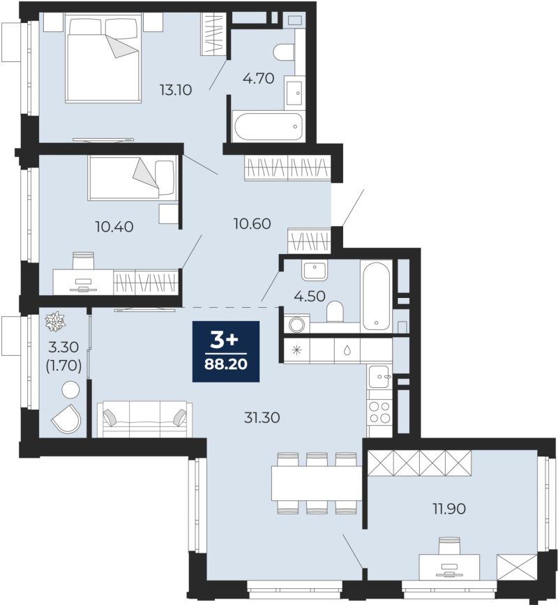 Планировка 3-комн. квартира, 88.2 м² — ЖК «Айвазовский»