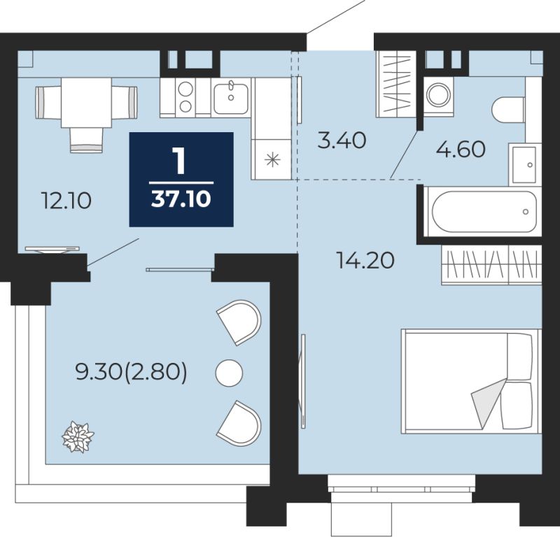 Планировка 1-комн. квартира, 37.1 м² — ЖК «Айвазовский»