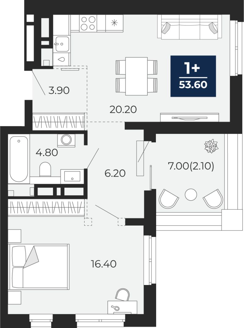Планировка 1-комн. квартира, 53.6 м² — ЖК «Айвазовский»