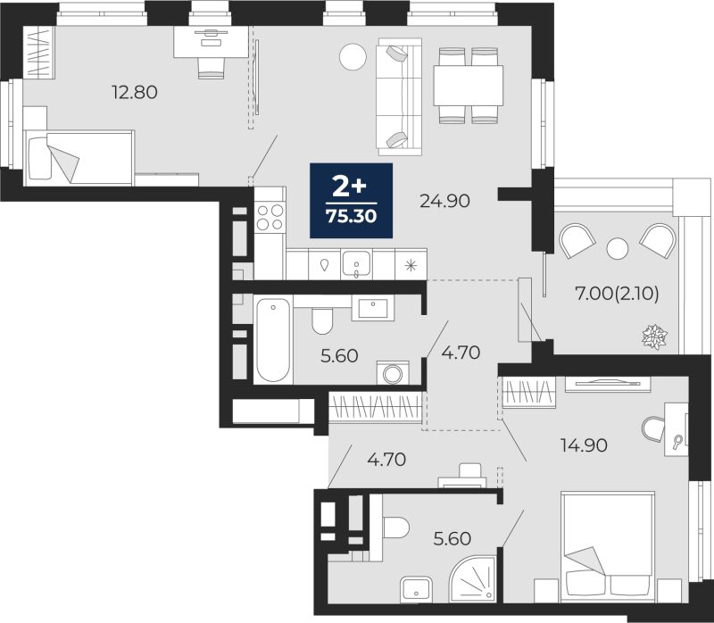 Планировка 2-комн. квартира, 75.3 м² — ЖК «Айвазовский»