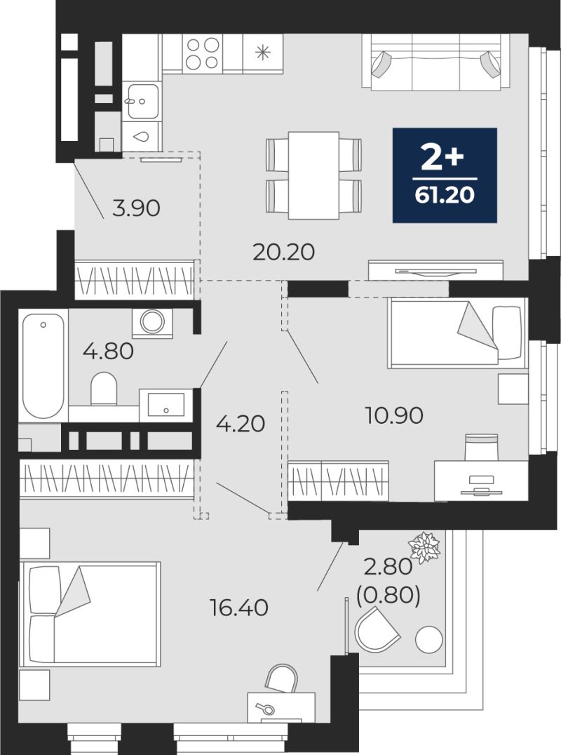 Планировка 2-комн. квартира, 61.2 м² — ЖК «Айвазовский»