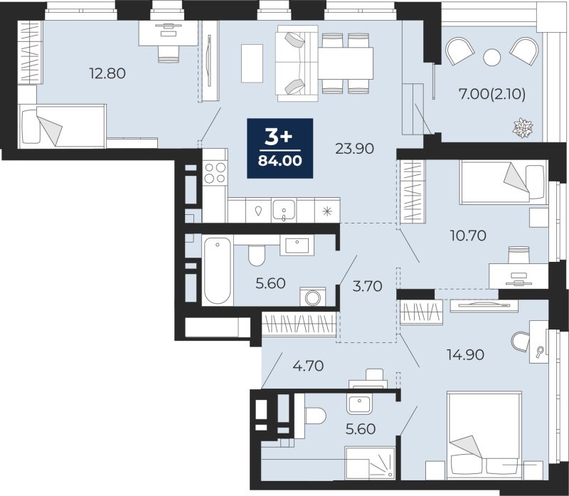 Планировка 3-комн. квартира, 84 м² — ЖК «Айвазовский»