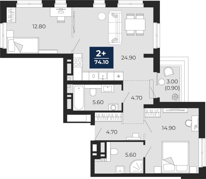 Планировка 2-комн. квартира, 74.1 м² — ЖК «Айвазовский»