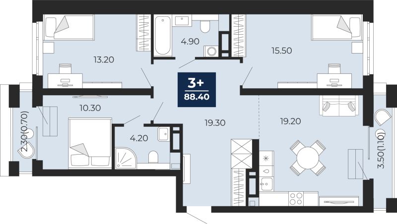 Планировка 3-комн. квартира, 88.4 м² — ЖК «Айвазовский»
