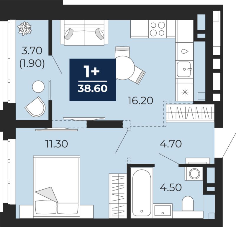 Планировка 1-комн. квартира, 38.6 м² — ЖК «Айвазовский»