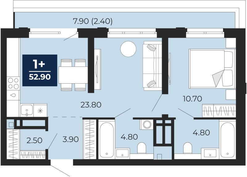 Планировка 1-комн. квартира, 52.9 м² — ЖК «Айвазовский»