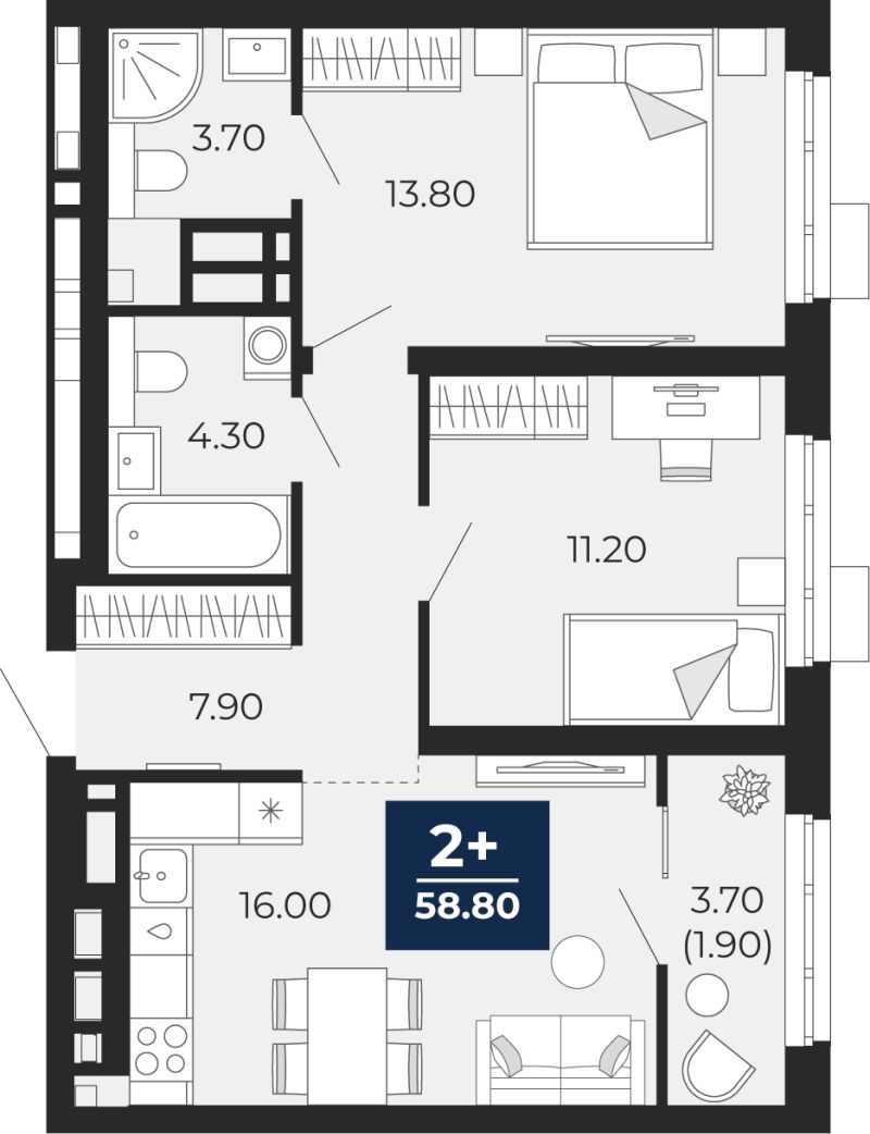 Планировка 2-комн. квартира, 58.8 м² — ЖК «Айвазовский»